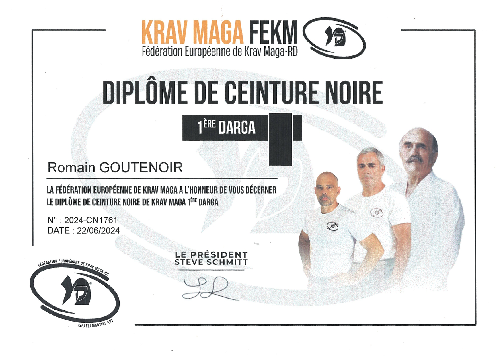 Diplôme ceinture noire 1ère Darga