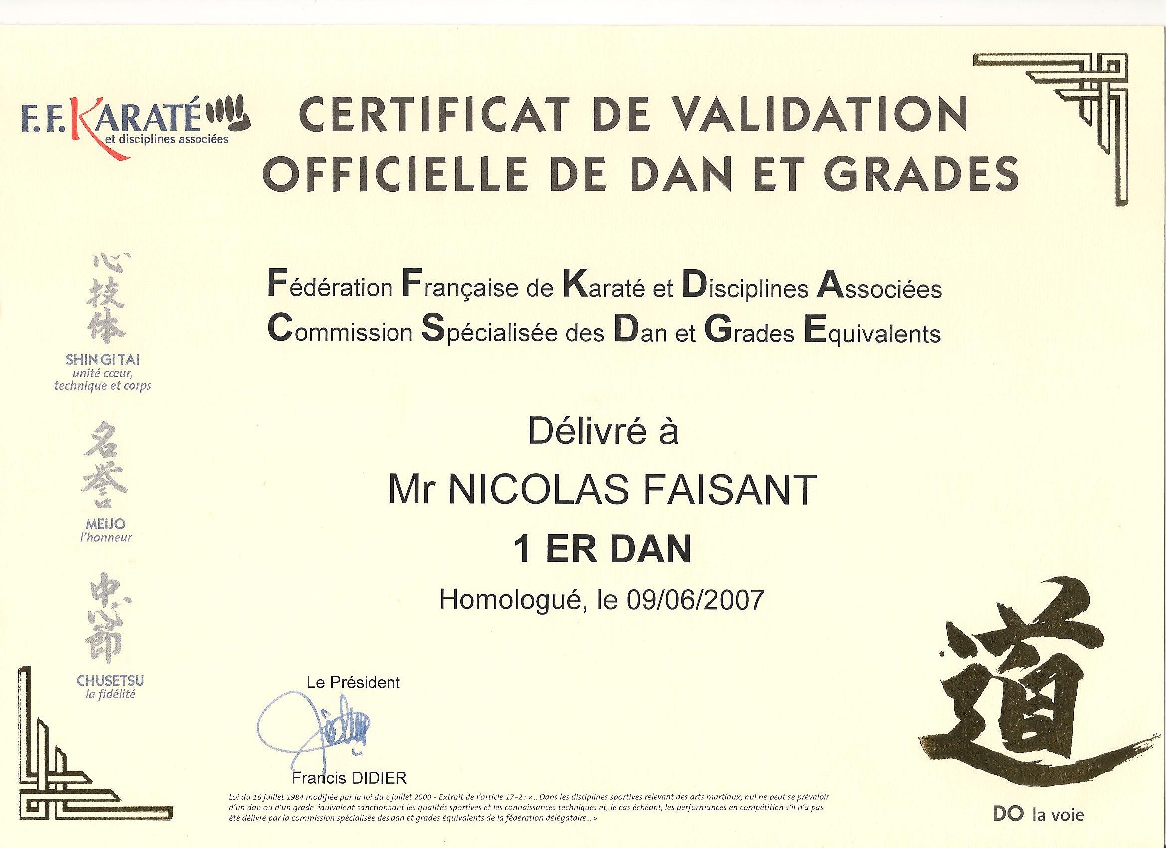 Diplôme Ceinture Noir 1ère DAN