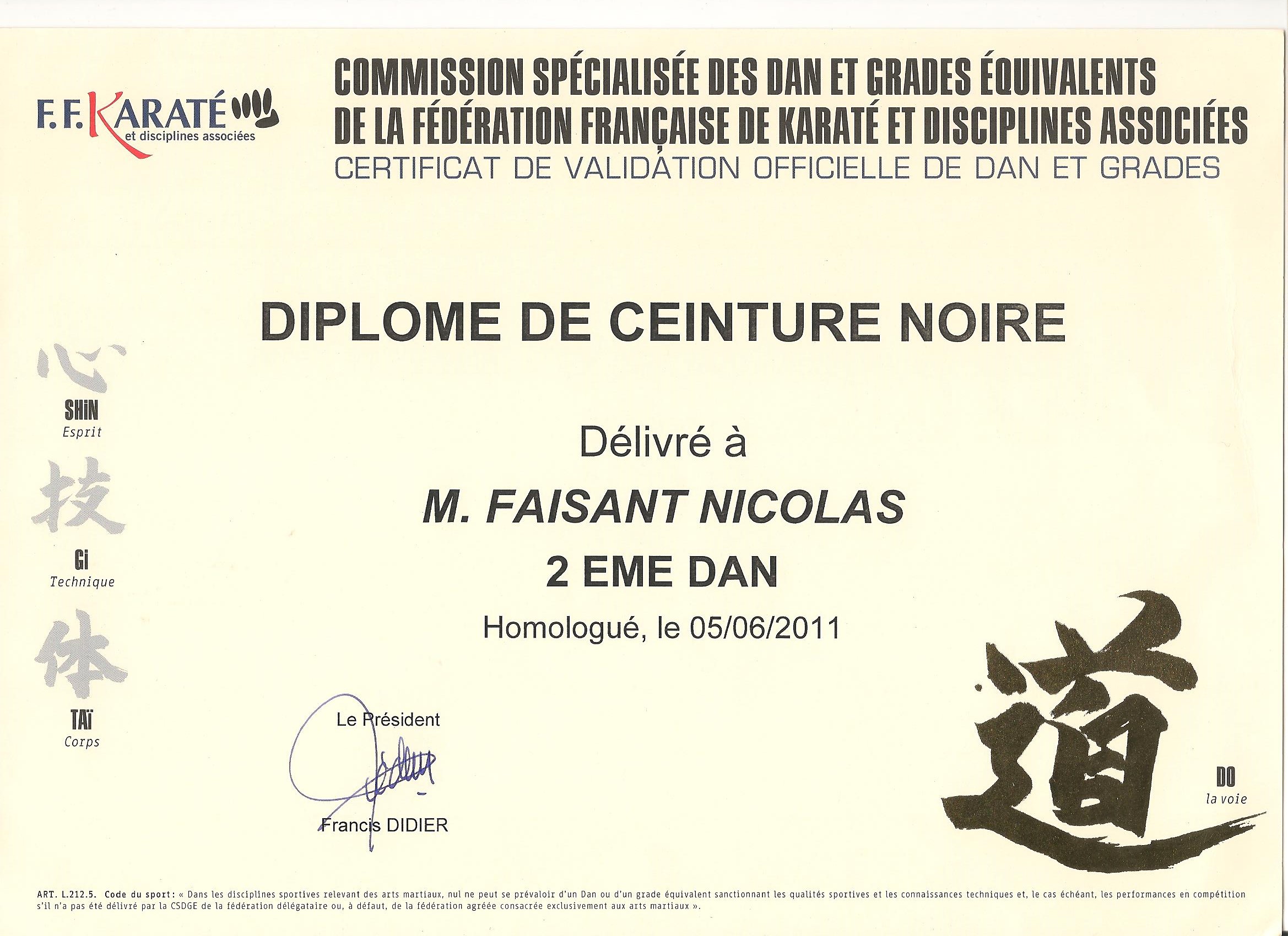 Diplôme Ceinture Noir 2ème DAN