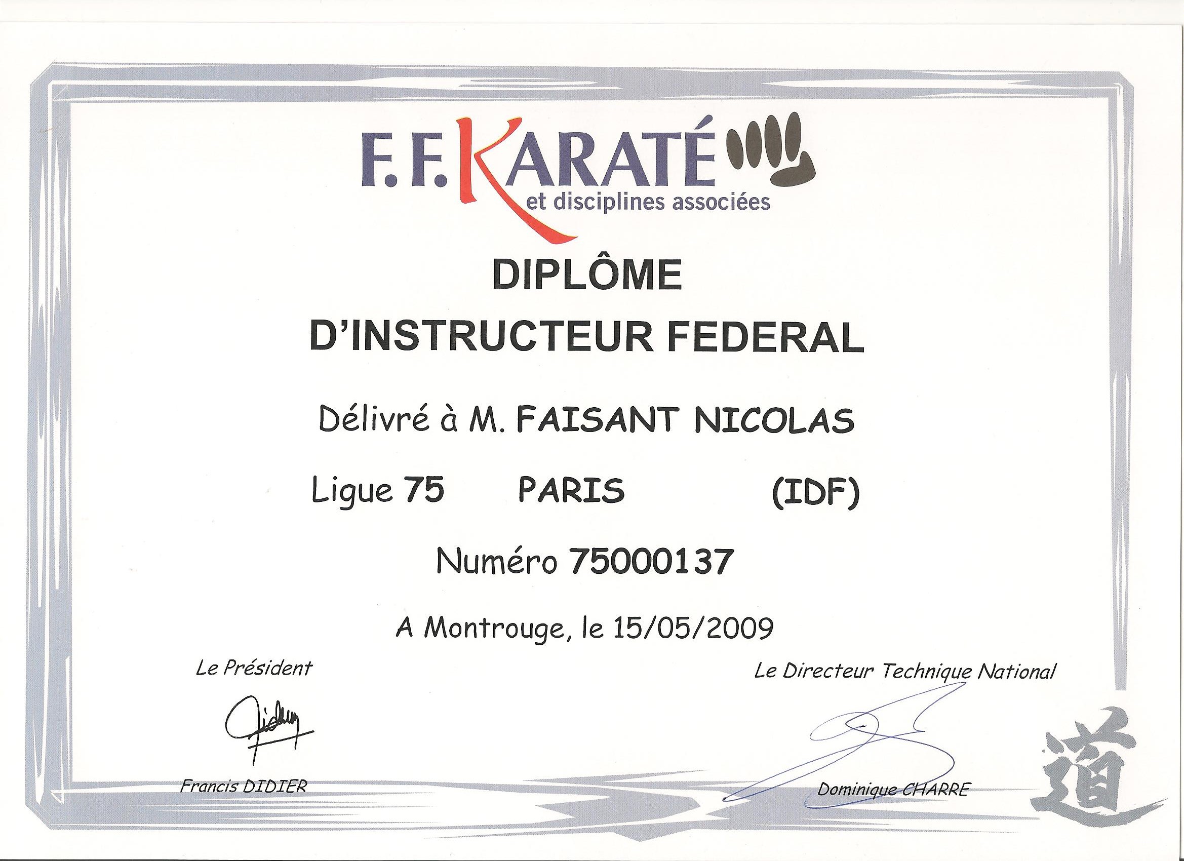 Diplôme d'Instructeur Fédéral FFKDA