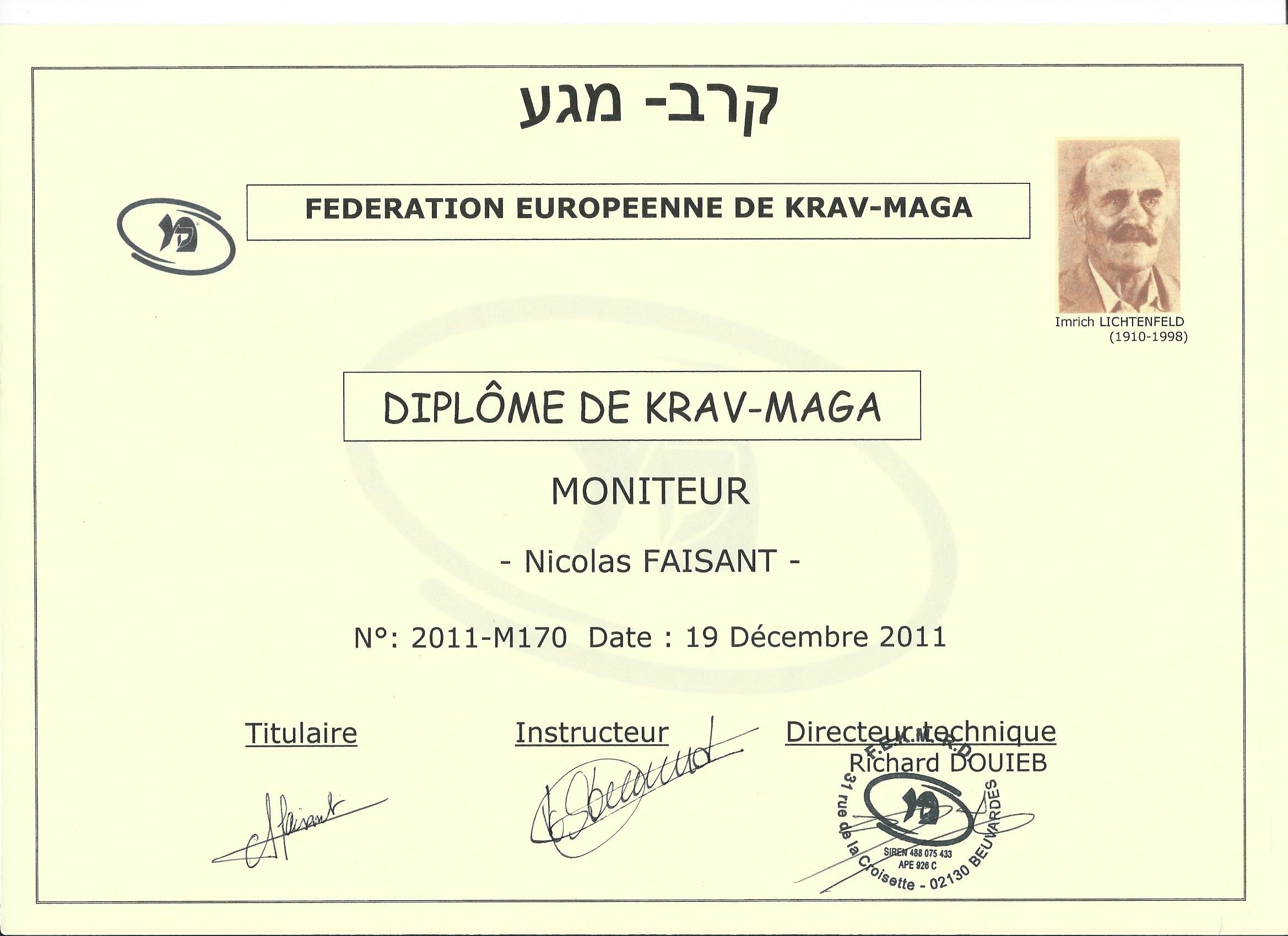 Diplôme de Krav Maga - Moniteur FEKM